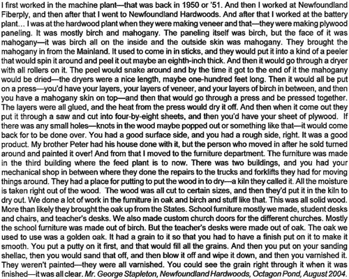 George Stapleton talks about Newfoundland Hardwoods