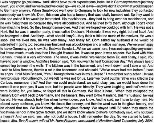 Mrs. Eva Franzen talks about Newfoundland Tanneries