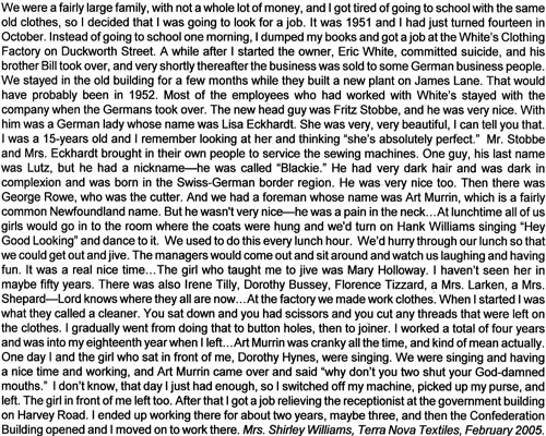 Mrs. Shirley Williams talks about Terra Nova Textiles