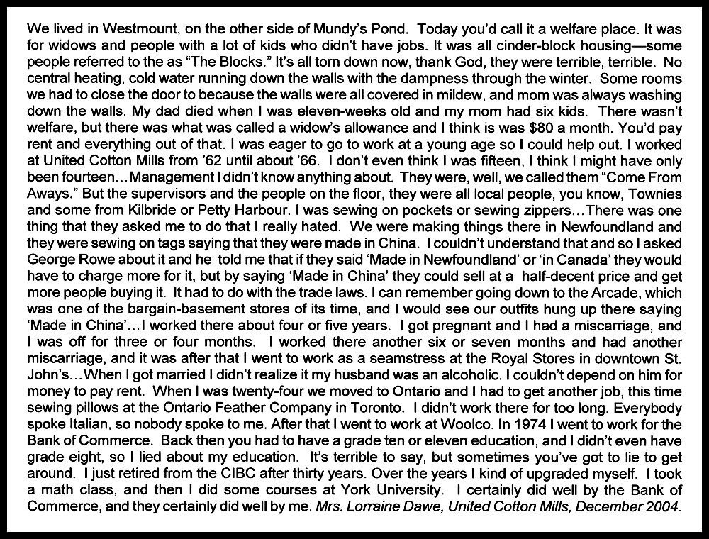 Mrs. Lorraine Dawe talks about United Cotton Mills